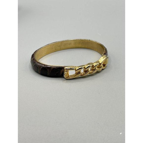 Vintage Brown Snakeskin Bracelet Gold Plated Chain Style 80s 90s Costume Jewelry - Picture 2 of 7